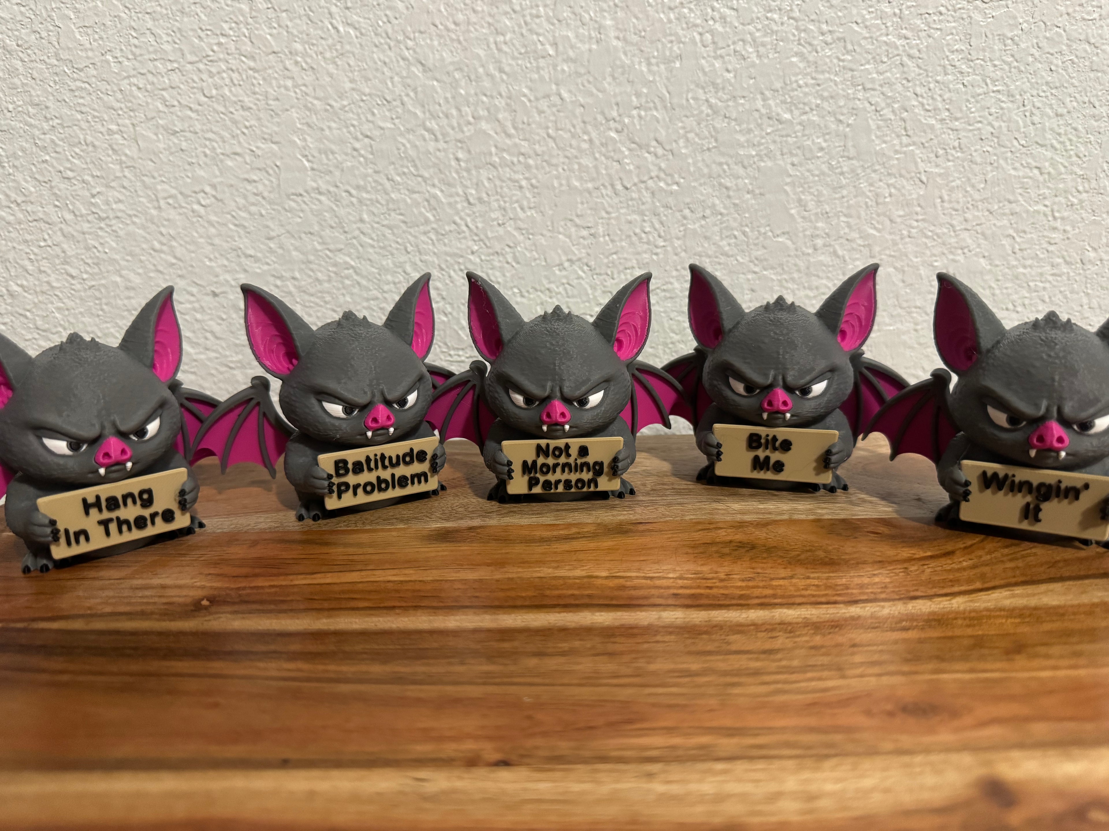 Funny Bat Desk Buddy | Animals with Attitude | 3D Printed Bat with Interchangeable Sign