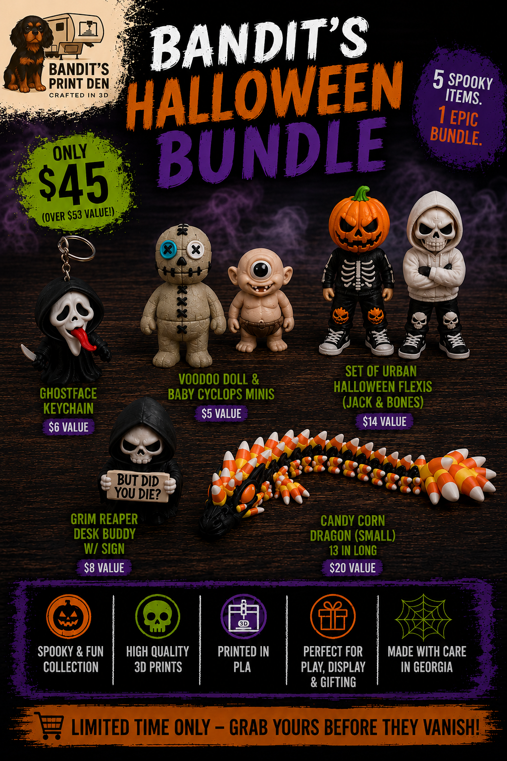 Bandit’s Halloween Bundle | 3D Printed Halloween Figures, Flexis & Candy Corn Dragon