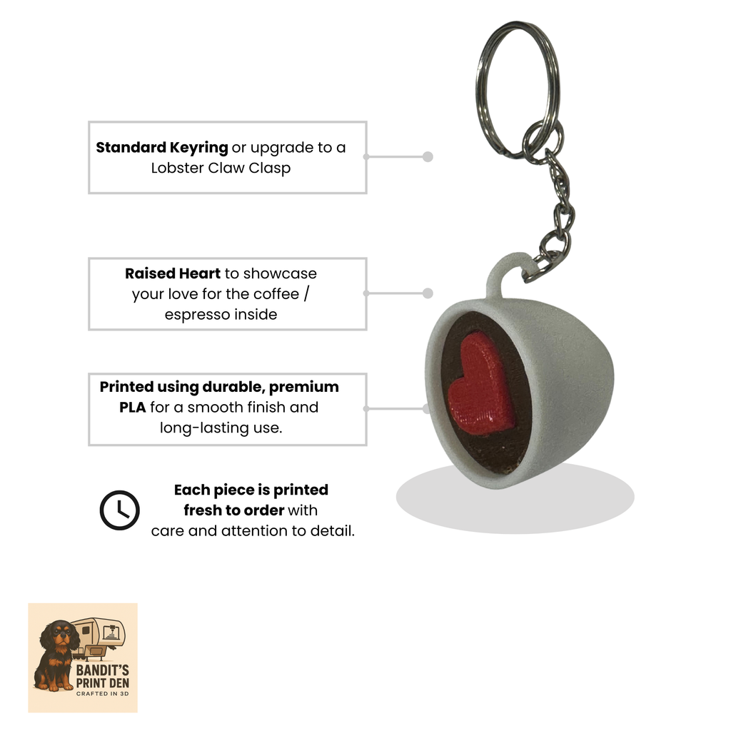 Heart Espresso Cup Keychain – 3D Printed Mini Espresso Mug with Heart | Coffee Lover Gift | Barista Keychain | Cute Bag Charm