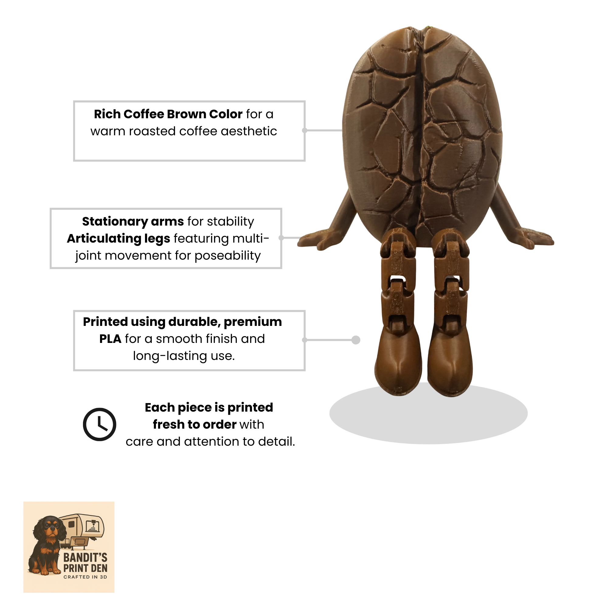 Espresso Bean on a Shelf – 3D Printed Sitting Espresso Bean Figurine | Articulated Legs | Coffee Lover Gift | Shelf Buddy
