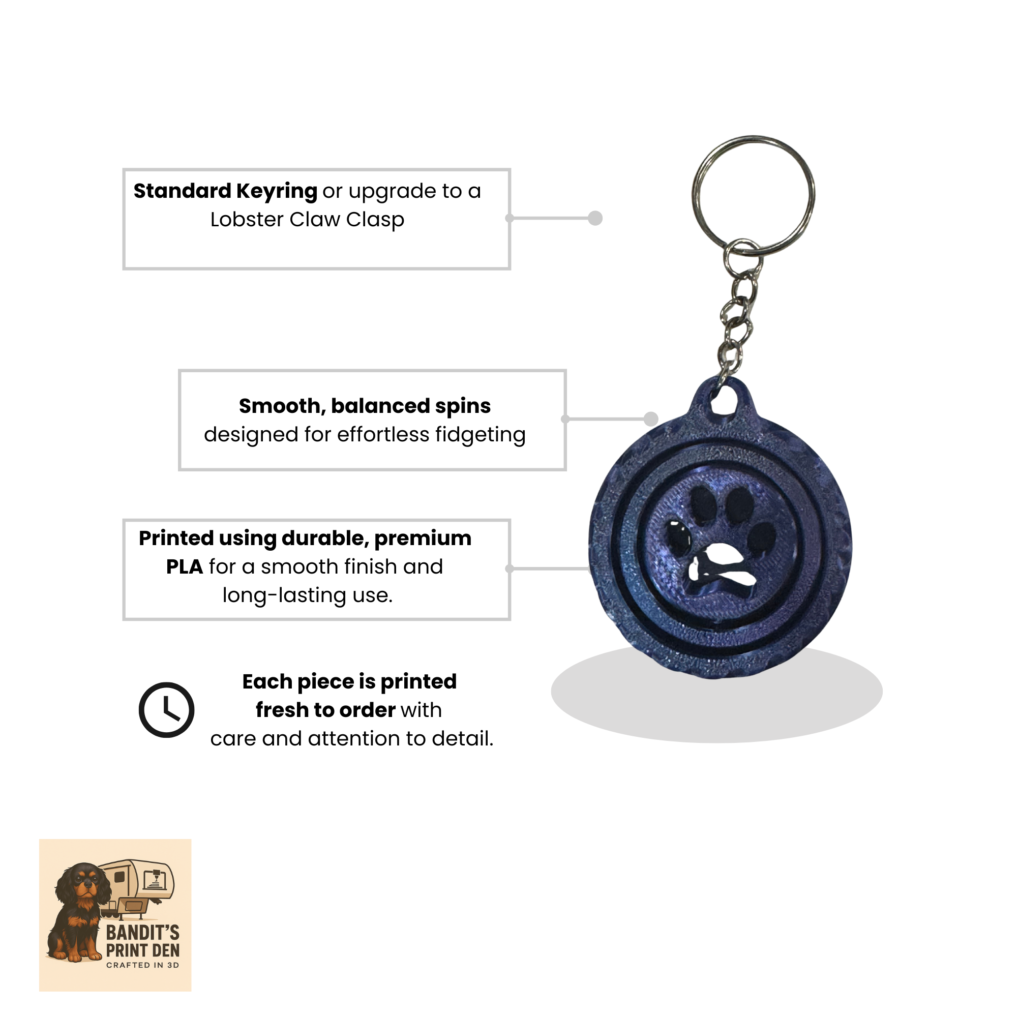 Paw Print Spinner Keychain – 3D Printed Fidget Keychain | Pet Lover Gift | Stress Reliever | Bag Accessory