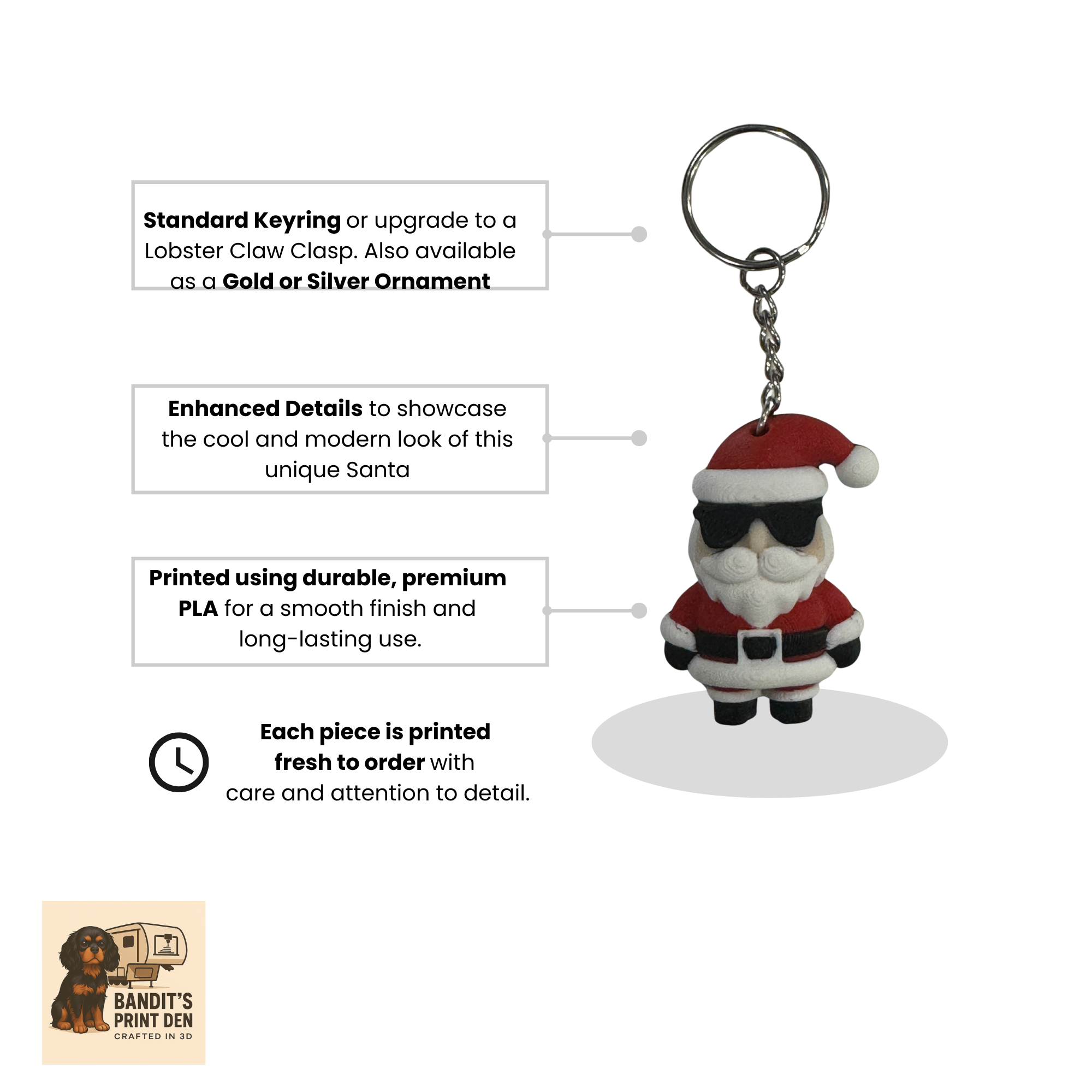 Cool Santa Ornament / Keyring – 3D Printed Christmas Decoration | Holiday Ornament | Modern Santa | Giftable Tree Hanger