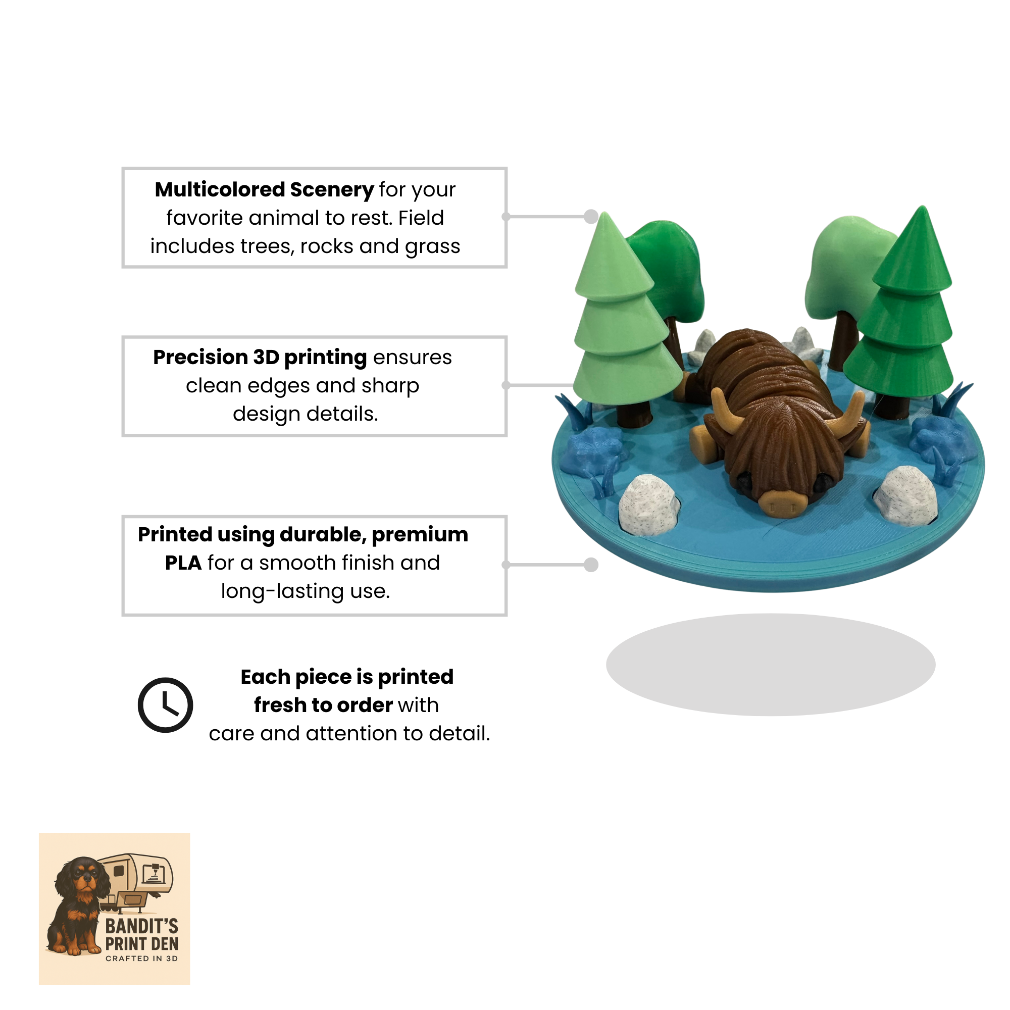 Woodland Field Animal Display Set – 3D Printed Diorama Base with Articulated Animal