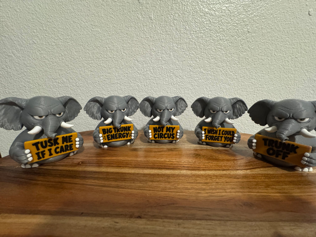 Funny Elephant Desk Buddy | Animals with Attitude | 3D Printed Elephant with Interchangeable Sign