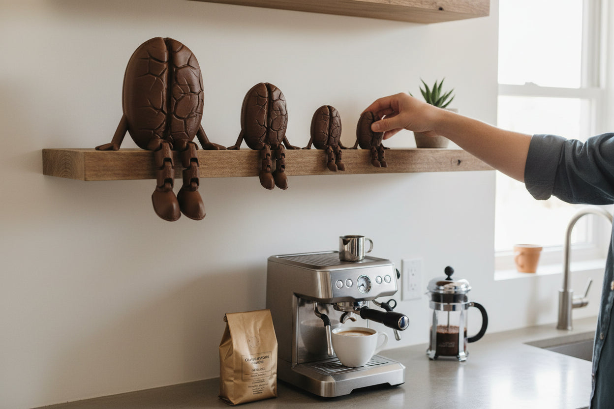 Espresso Bean on a Shelf – 3D Printed Sitting Espresso Bean Figurine | Articulated Legs | Coffee Lover Gift | Shelf Buddy