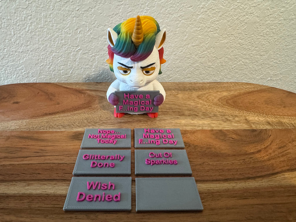 AWA Unicorn - Funny Unicorn Desk Buddy | Animals with Attitude | 4" 3D Printed Unicorn with Interchangeable Sign