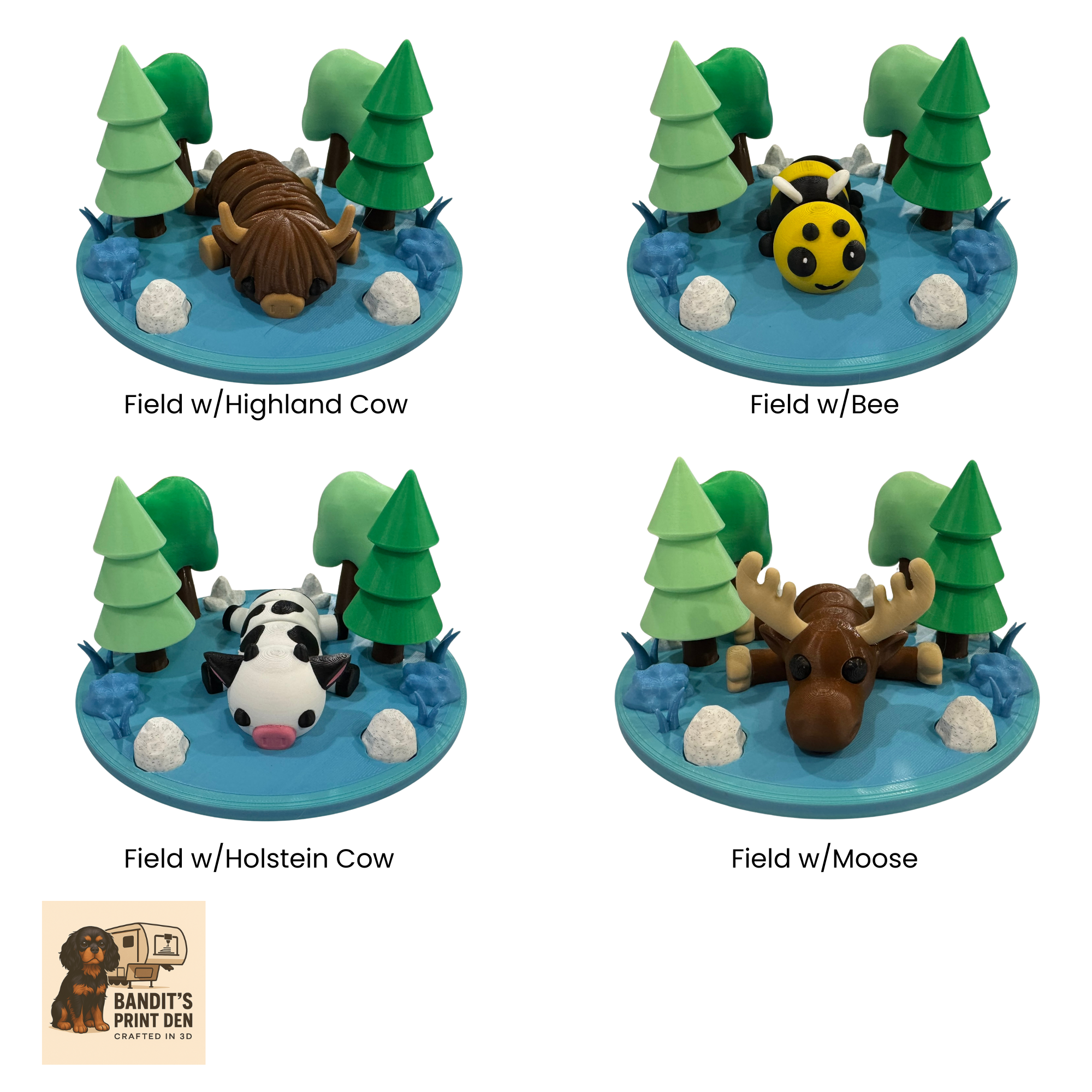 Woodland Field Animal Display Set – 3D Printed Diorama Base with Articulated Animal
