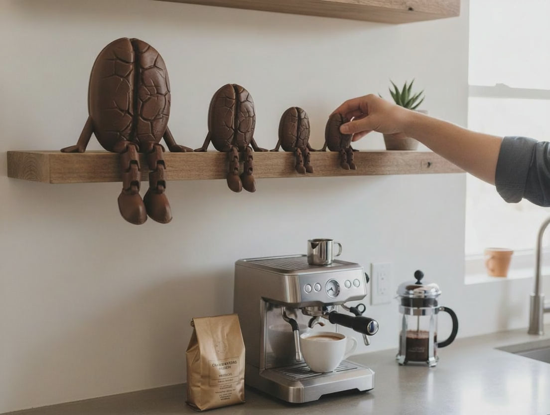Espresso Bean on a Shelf – 3D Printed Sitting Espresso Bean Figurine | Articulated Legs | Coffee Lover Gift | Shelf Buddy